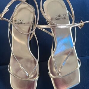 Jeffrey Campbell Gold Strappy Square-Toe Heeled Sandals
